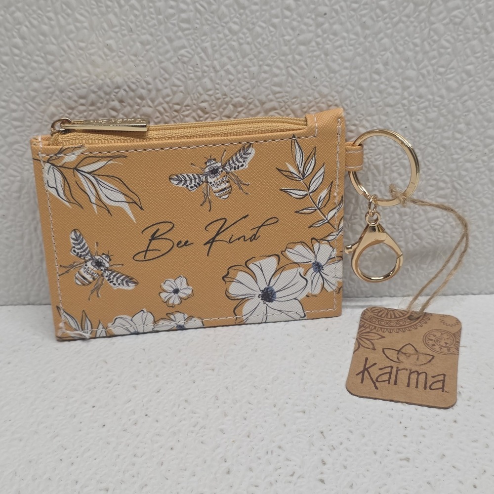 Karma Bee Kind Key Ring Yellow Credit Card ID Holder Small Wallet - New!